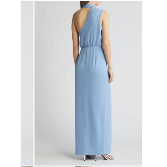 NEW Black Halo Eve Fantasia One Shoulder Neck Scarf Gown Blue Bliss Size 12 NWT - Picture 2 of 7